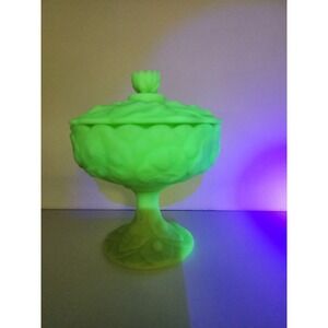 Fenton VTG Lime Green Custard Satin Water Lily Candy Dish w/Lid Uranium Glass